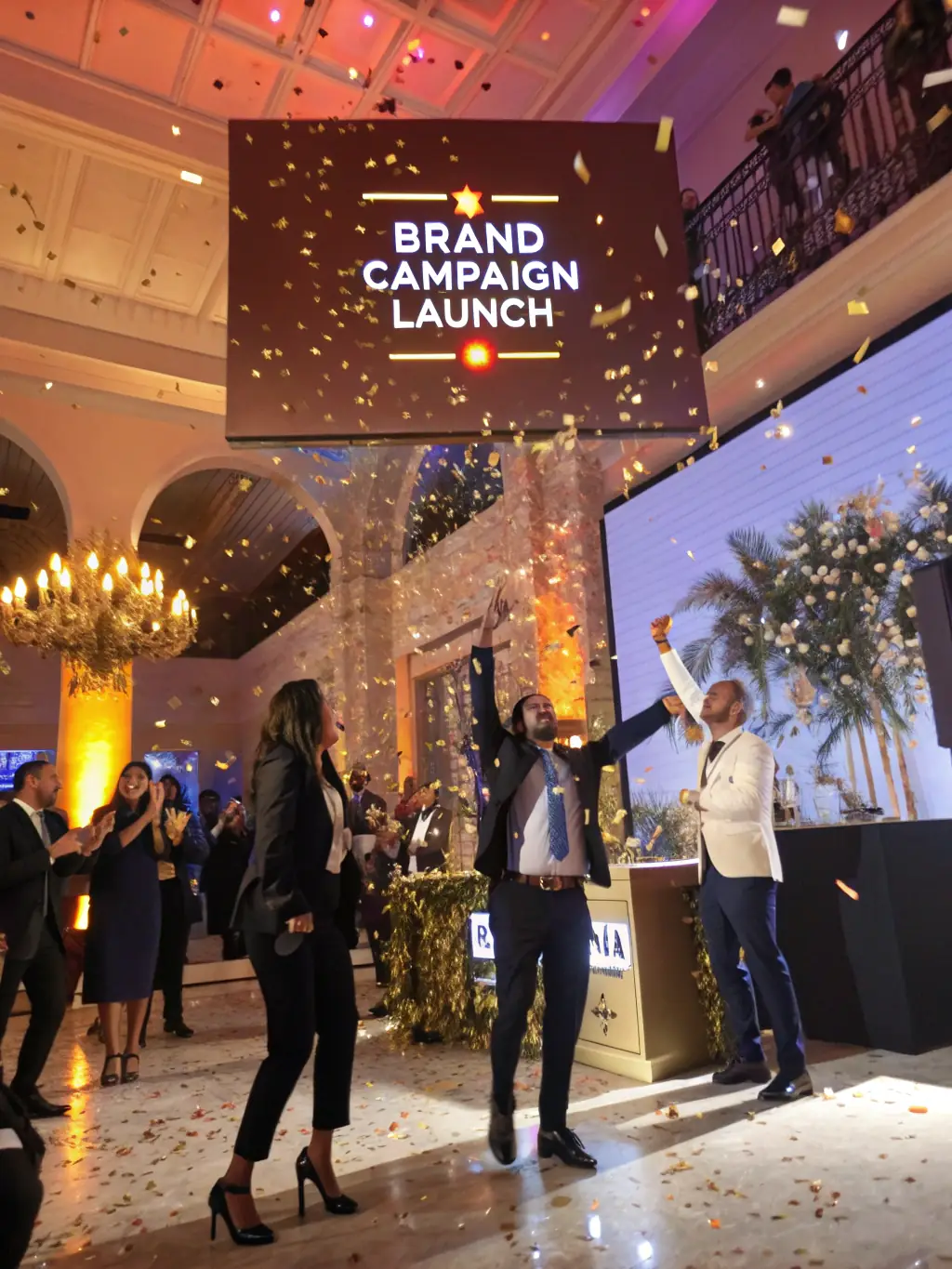 A visual representation of a successful product launch, featuring media coverage and social media engagement, achieved through AI-driven campaign optimization.