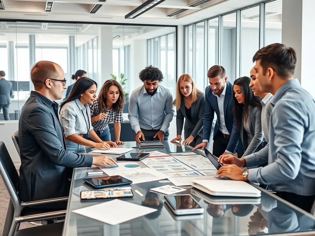 An image showing a diverse group of people collaborating around a table, brainstorming ideas, with AI icons subtly integrated into the background.